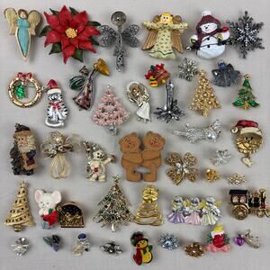 Christmas Brooch Pin Craft Lot Rhinestone Cat Angel Snowman Snowflake Vintage